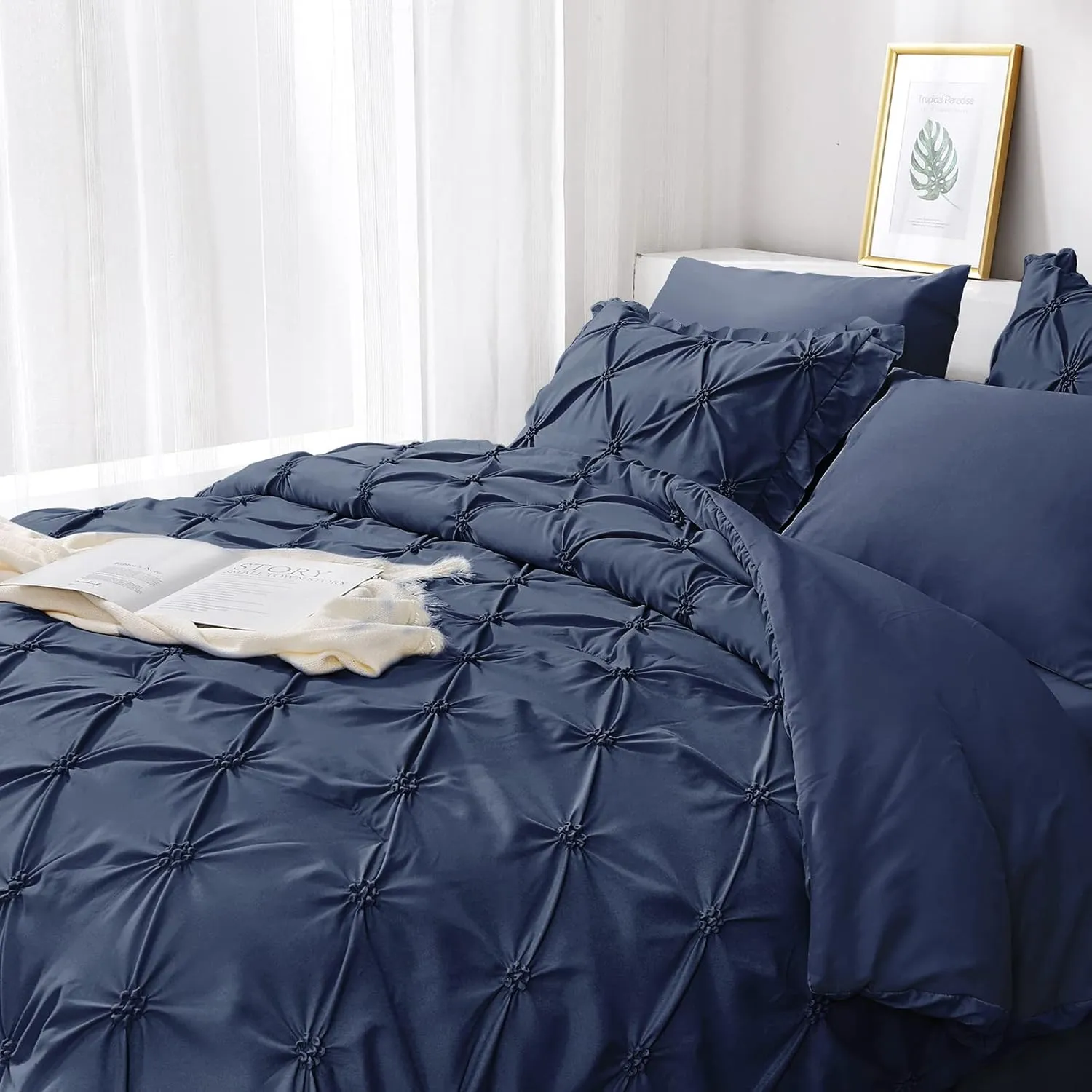 JOLLYVOGUE Queen Comforter Set 7 Pieces, Navy Blue Bed in a Bag Comforter Set for Bedroom, Bedding Comforter Sets with Comforter, Sheets,Ruffled Shams & Pillowcases