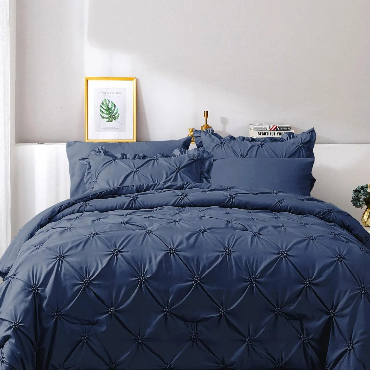 JOLLYVOGUE Queen Comforter Set 7 Pieces, Navy Blue Bed in a Bag Comforter Set for Bedroom, Bedding Comforter Sets with Comforter, Sheets,Ruffled Shams & Pillowcases