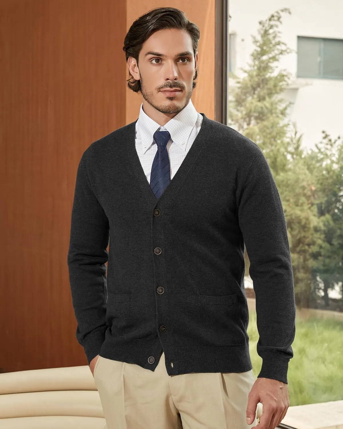 Kallspin Men’s Pure Cotton Cardigan Sweater V-Neck Button Down Cardigan Lightweight Knitwear with Pockets