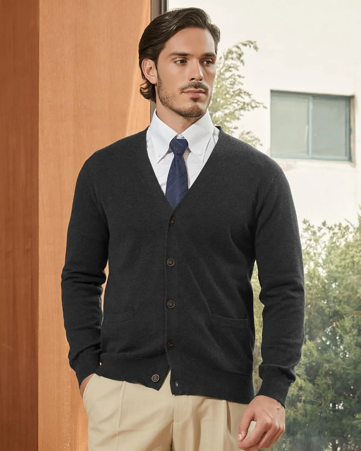 Kallspin Men’s Pure Cotton Cardigan Sweater V-Neck Button Down Cardigan Lightweight Knitwear with Pockets