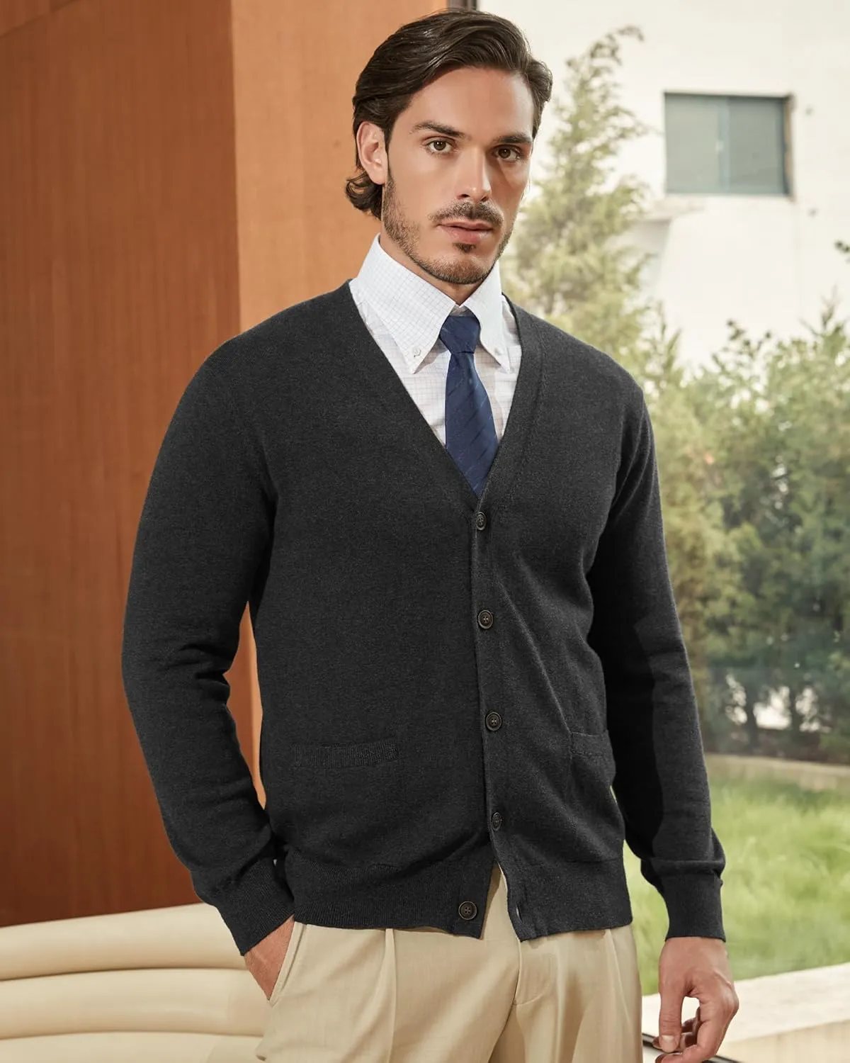 Kallspin Men’s Pure Cotton Cardigan Sweater V-Neck Button Down Cardigan Lightweight Knitwear with Pockets