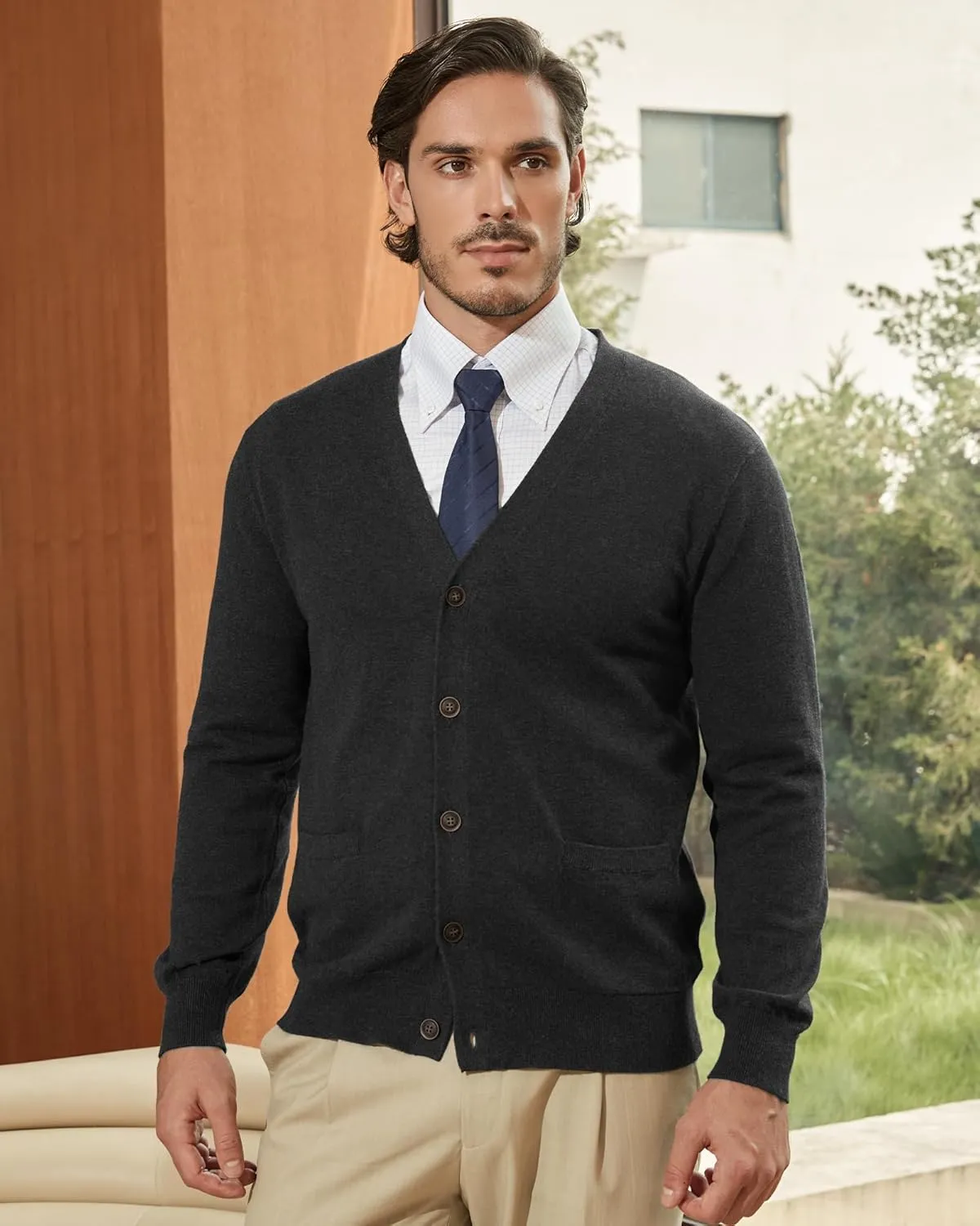 Kallspin Men’s Pure Cotton Cardigan Sweater V-Neck Button Down Cardigan Lightweight Knitwear with Pockets