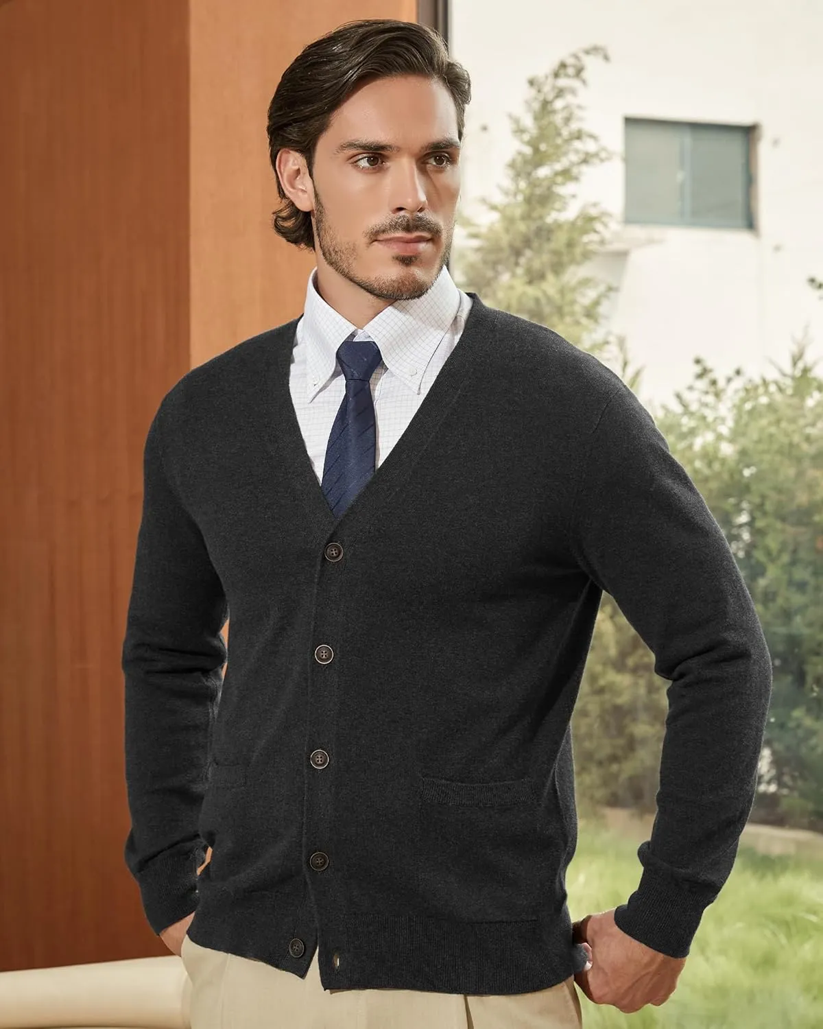 Kallspin Men’s Pure Cotton Cardigan Sweater V-Neck Button Down Cardigan Lightweight Knitwear with Pockets