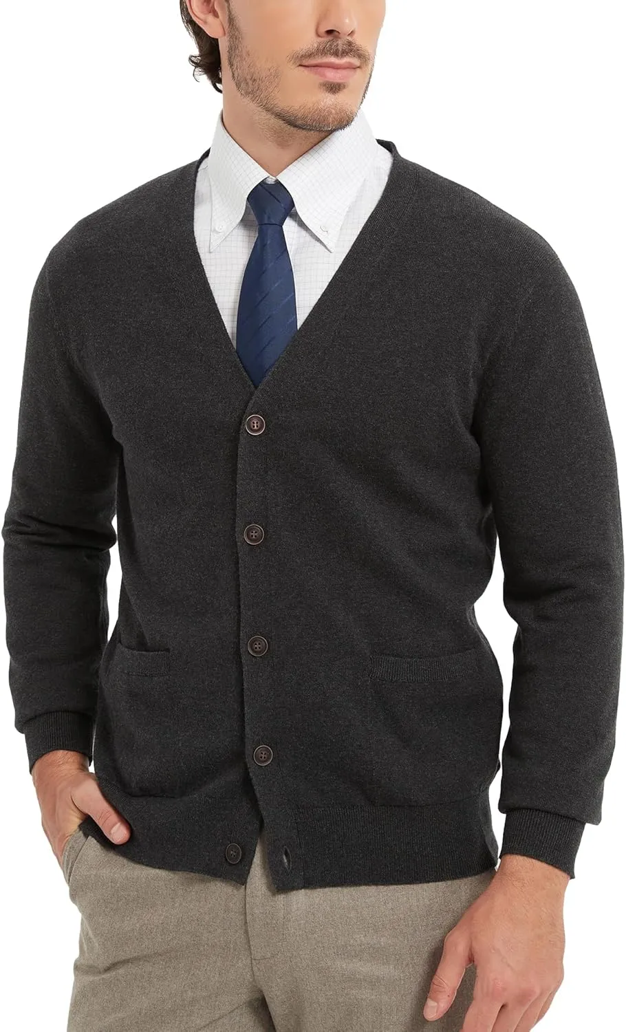 Kallspin Men’s Pure Cotton Cardigan Sweater V-Neck Button Down Cardigan Lightweight Knitwear with Pockets