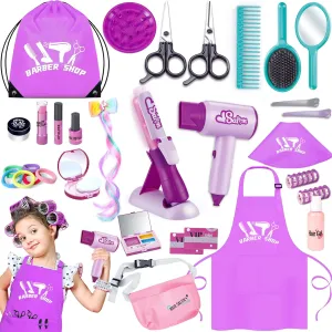 Kids Hair Salon Toys, 32 PCS Pretend Play Makeup Beauty Hair Stylist Kit for Girls 3-5 with Realistic Blow Dryer, Curling Flat Iron Barber Costume Apron, Scissors and Stylist Accessories