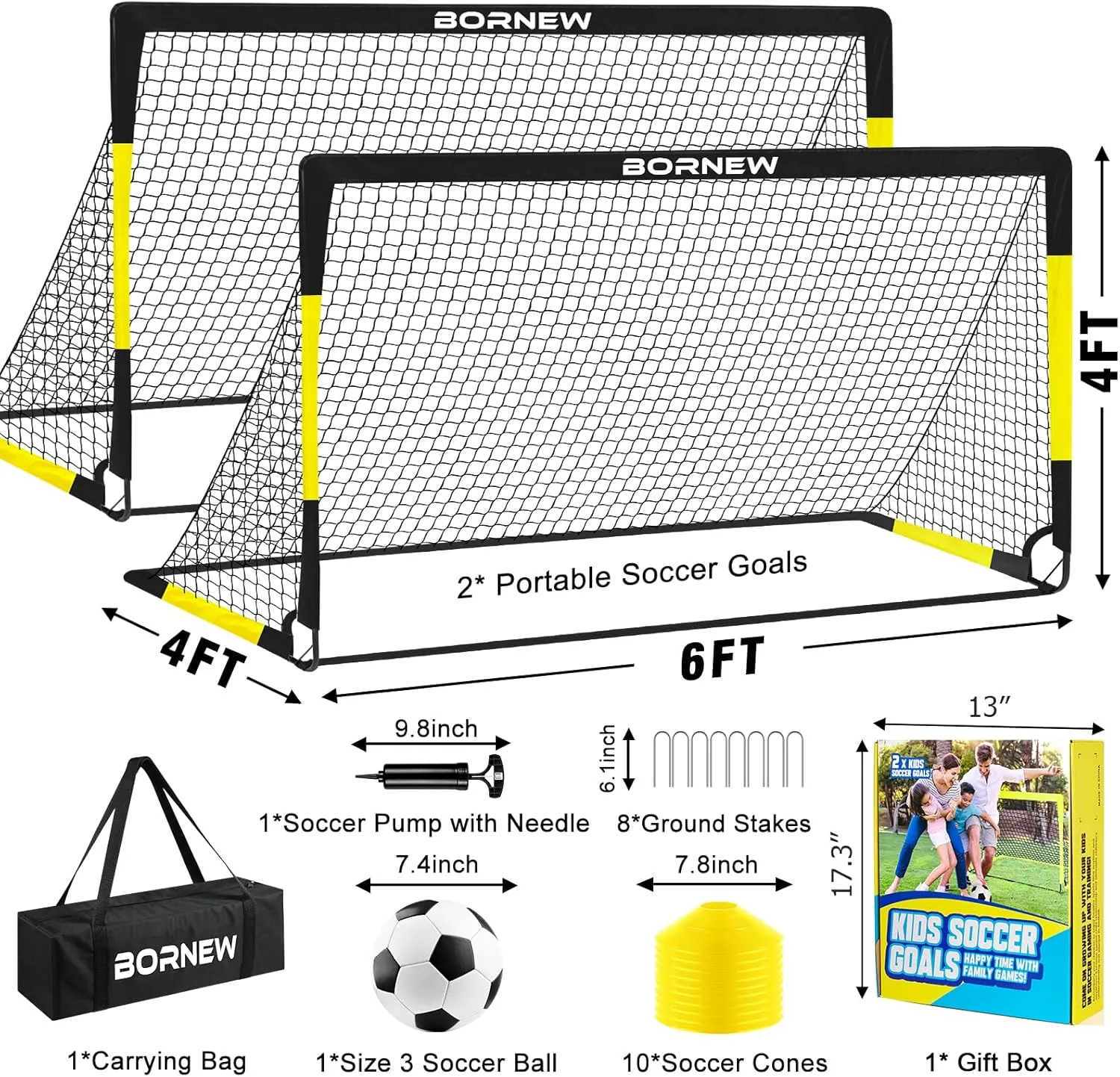 Kids Soccer Goal for Backyard Set - 2 Set of 6X4 ft Toddler Soccer Nets Training Equipment, Soccer Ball, Pop Up Portable Soccer Set for Kids and Youth Games and Training Goals Ages 3-16 Gift