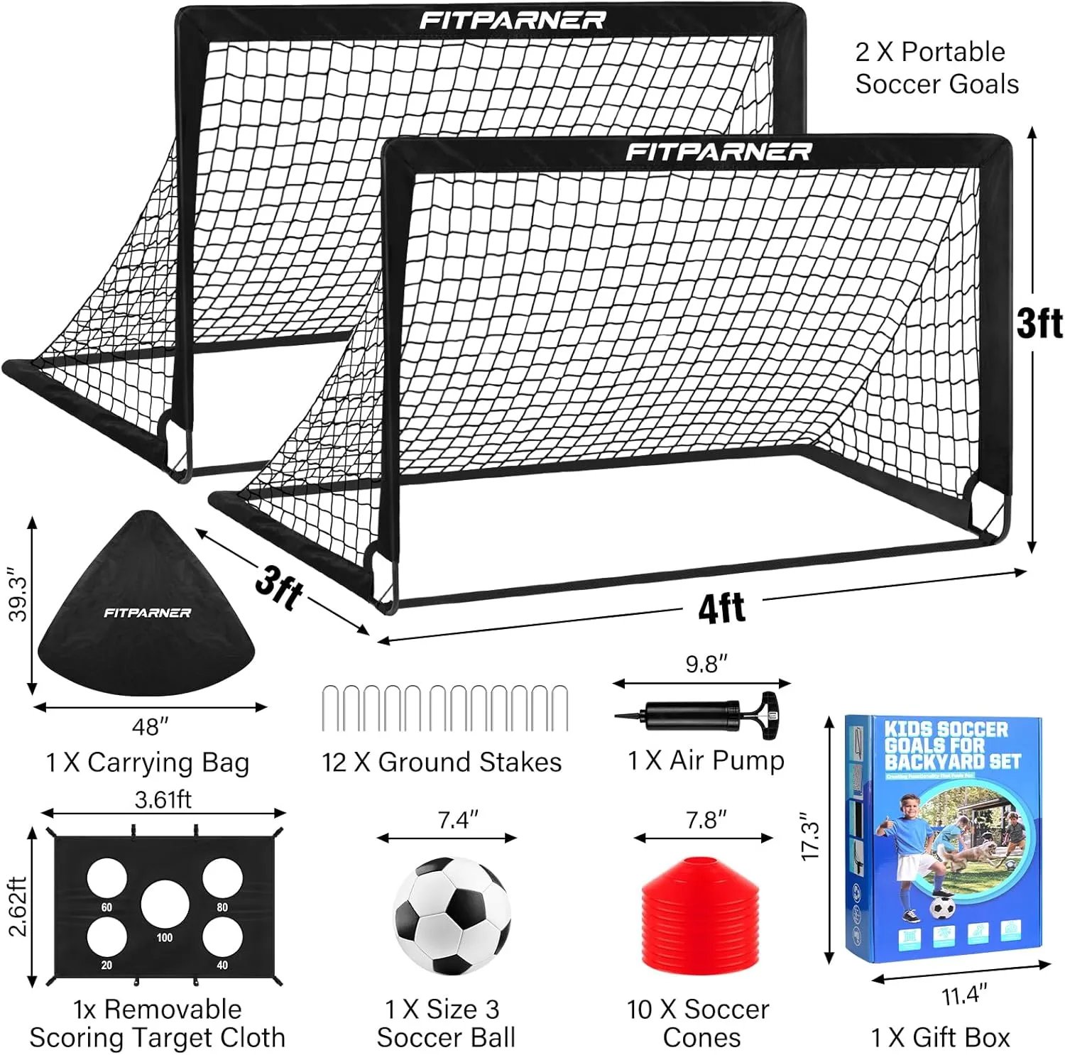 Kids Soccer Goal for Backyard Set,2 Pack of 4x3 ft Portable Pop Up Soccer Nets,Complete Youth Training Equipment with Target,Ball & Cones for Kids 3-14 Goal Practice,Outdoor Sports Game