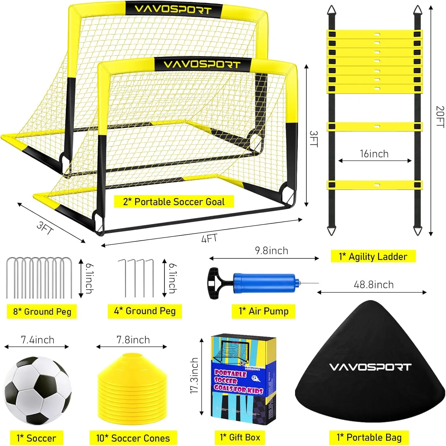 Kids Soccer Goal Set, 2 of 4x3/5x3.6/6x4 ft Soccer Goals for Backyard, Portable Pop Up Soccer Nets Training Equipment with Soccer Ball, Ladder and Cones, Family Kids Youth Outdoor Sports Games