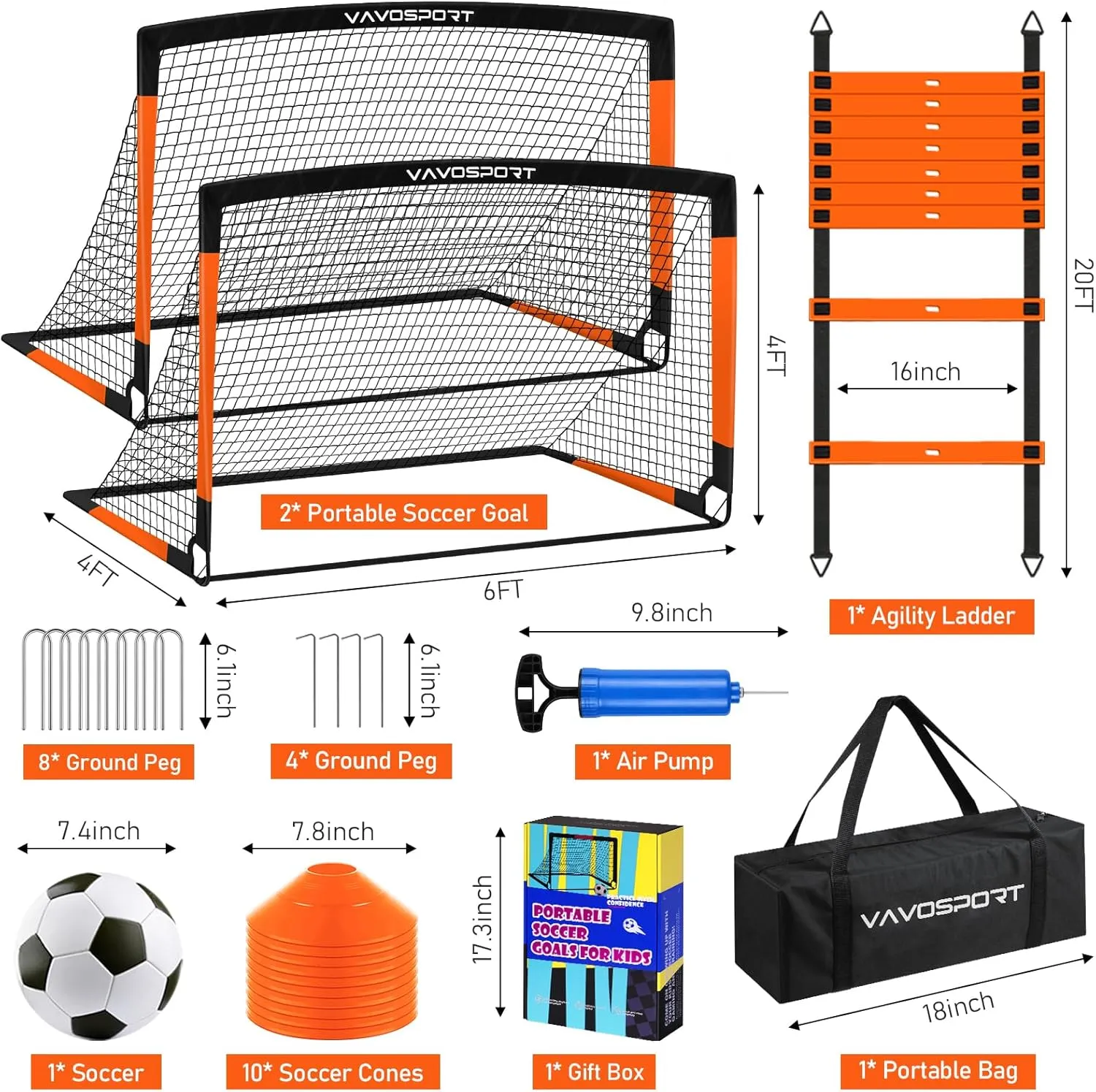 Kids Soccer Goals for Backyard Set, 2 of 6x4 ft Portable Pop Up Soccer Goal Training Equipment, Soccer Net with Soccer Ball, Ladder, Cones, Soccer Set for Youth Toddler Games, Sports