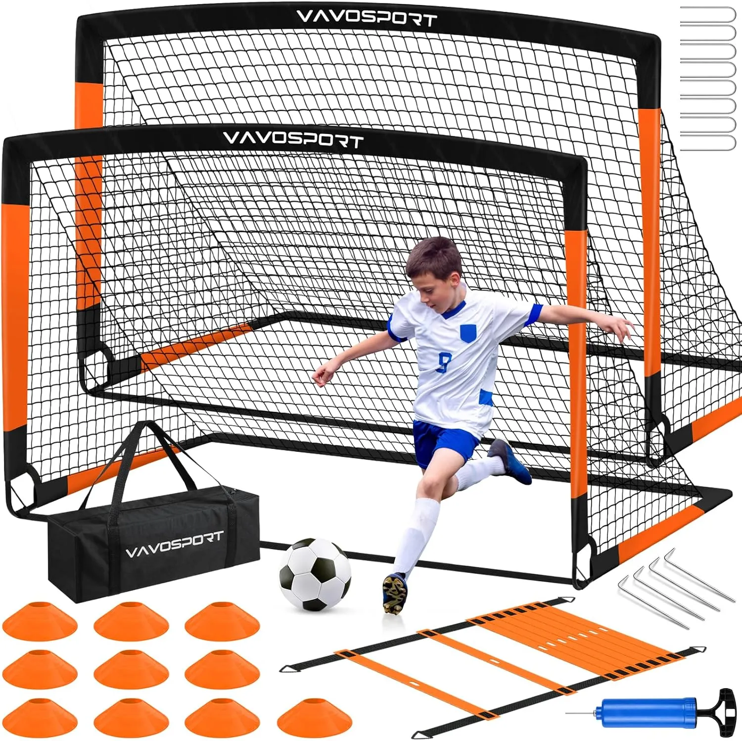 Kids Soccer Goals for Backyard Set, 2 of 6x4 ft Portable Pop Up Soccer Goal Training Equipment, Soccer Net with Soccer Ball, Ladder, Cones, Soccer Set for Youth Toddler Games, Sports