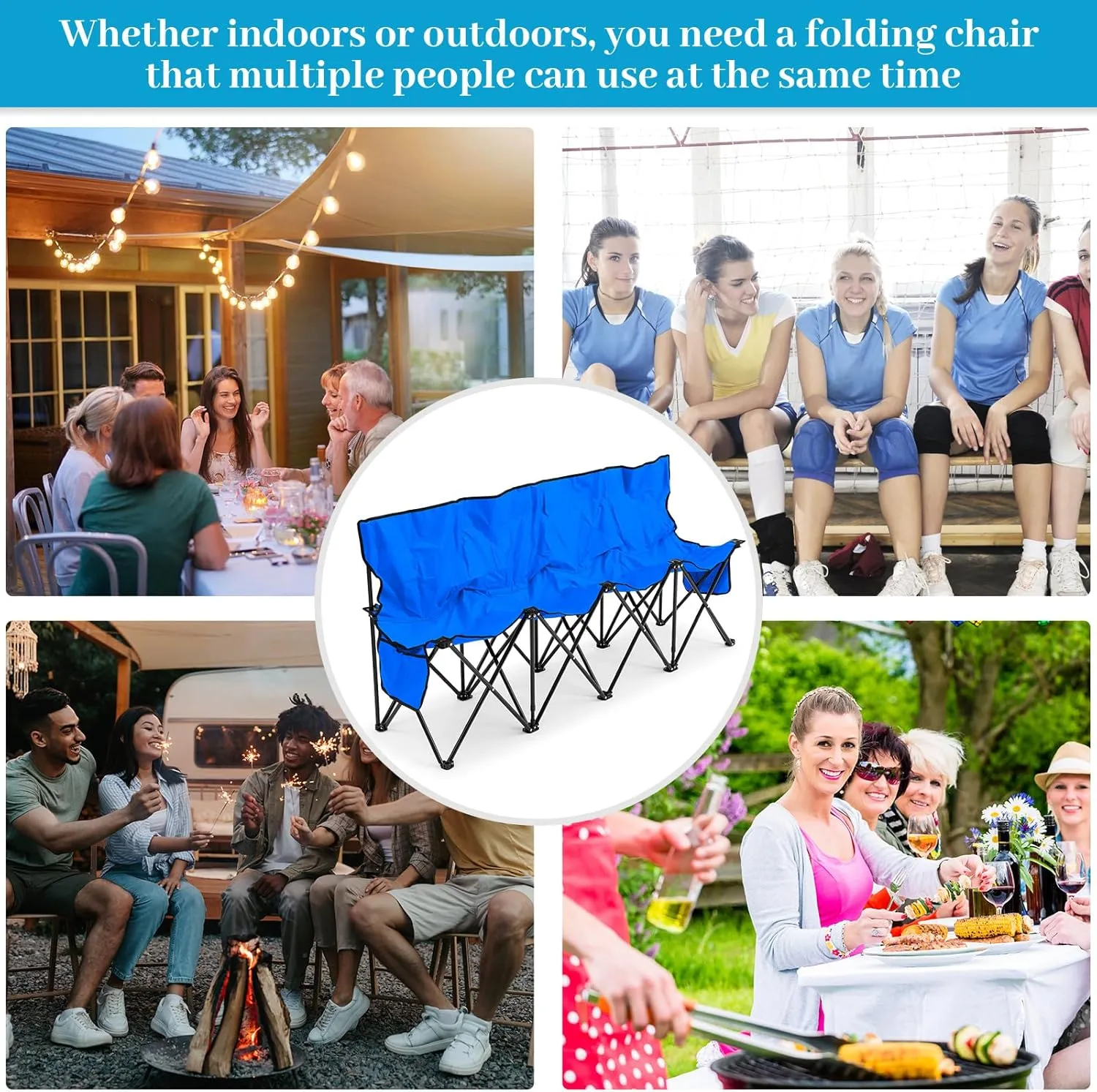 Kigley Portable 4 Seat Soccer Bench Chairs Foldable Team Sports Bench with Pockets and Carrying Bag for Camping Soccer Sports Team Basketball Football Practice Games(Blue,2 Pcs)