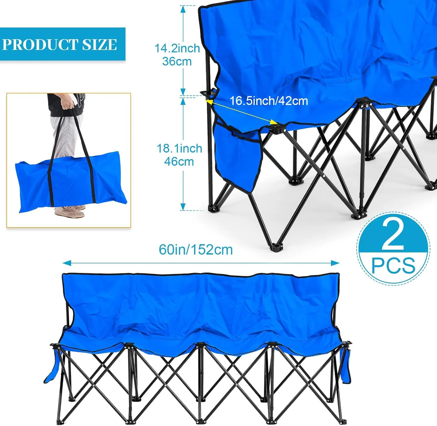 Kigley Portable 4 Seat Soccer Bench Chairs Foldable Team Sports Bench with Pockets and Carrying Bag for Camping Soccer Sports Team Basketball Football Practice Games(Blue,2 Pcs)