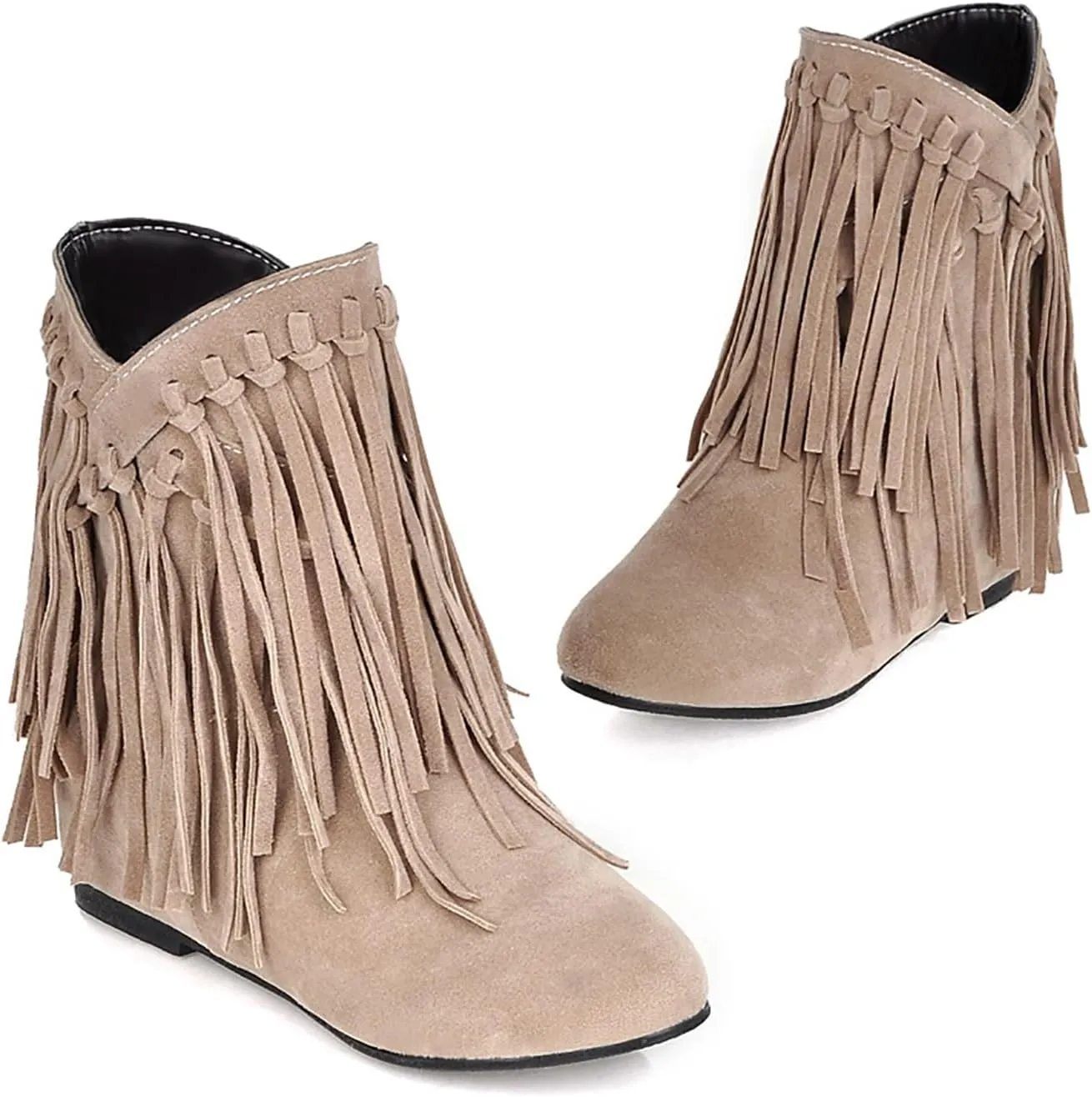 KiutSymo Womens Ankle Fringe Boots Round Toe Wide Calf Flat Tassel Boots Casual Hidden Wedge Heels Ankle Boots for Winter