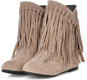 KiutSymo Womens Ankle Fringe Boots Round Toe Wide Calf Flat Tassel Boots Casual Hidden Wedge Heels Ankle Boots for Winter