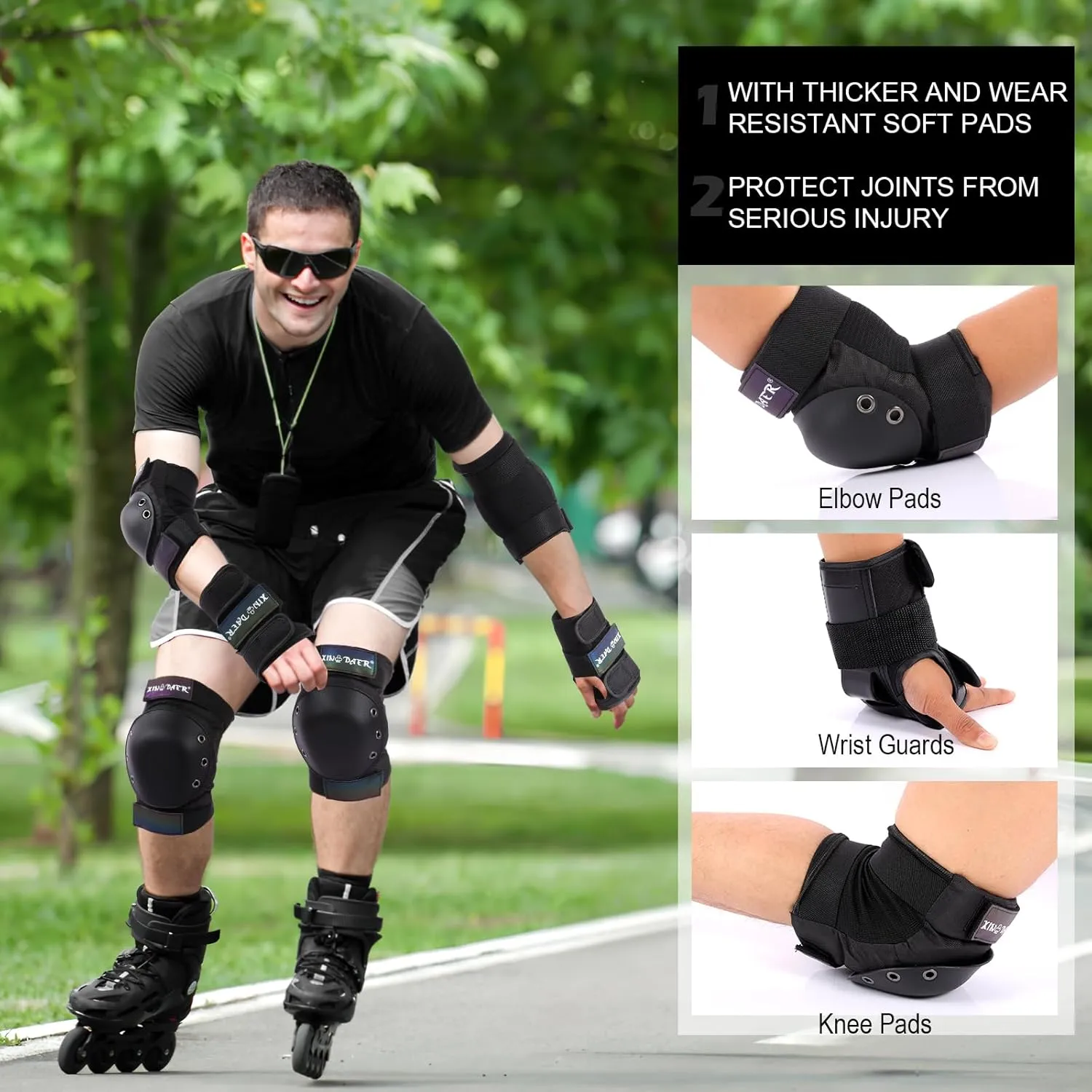 Knee and Elbow Pads Adult - (6 in 1) Knee Elbow Pads Wrist Pads with Drawstring Bag, Skating Protective Gear Set for Women & Men for Roller Skate, Skateboard, Bike Cycling, Scooter