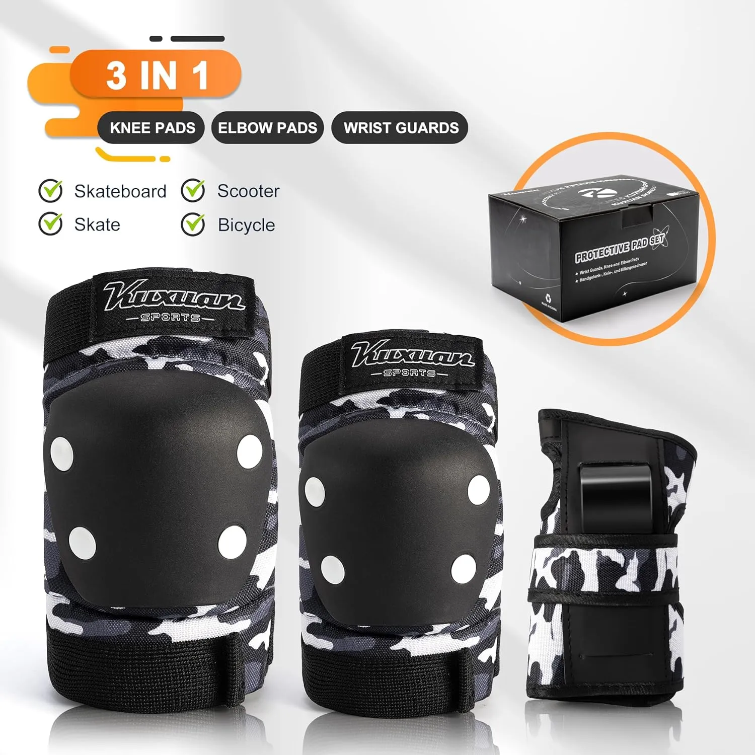 Kuxuan skates Knee Pads for Kids Youth Black Elbow Pads Wrist Guards for Girls Boys 7 in 1 Protective Gear Set with Gift Box in Skateboarding Biking Roller Skating Cycling Outdoor Sports