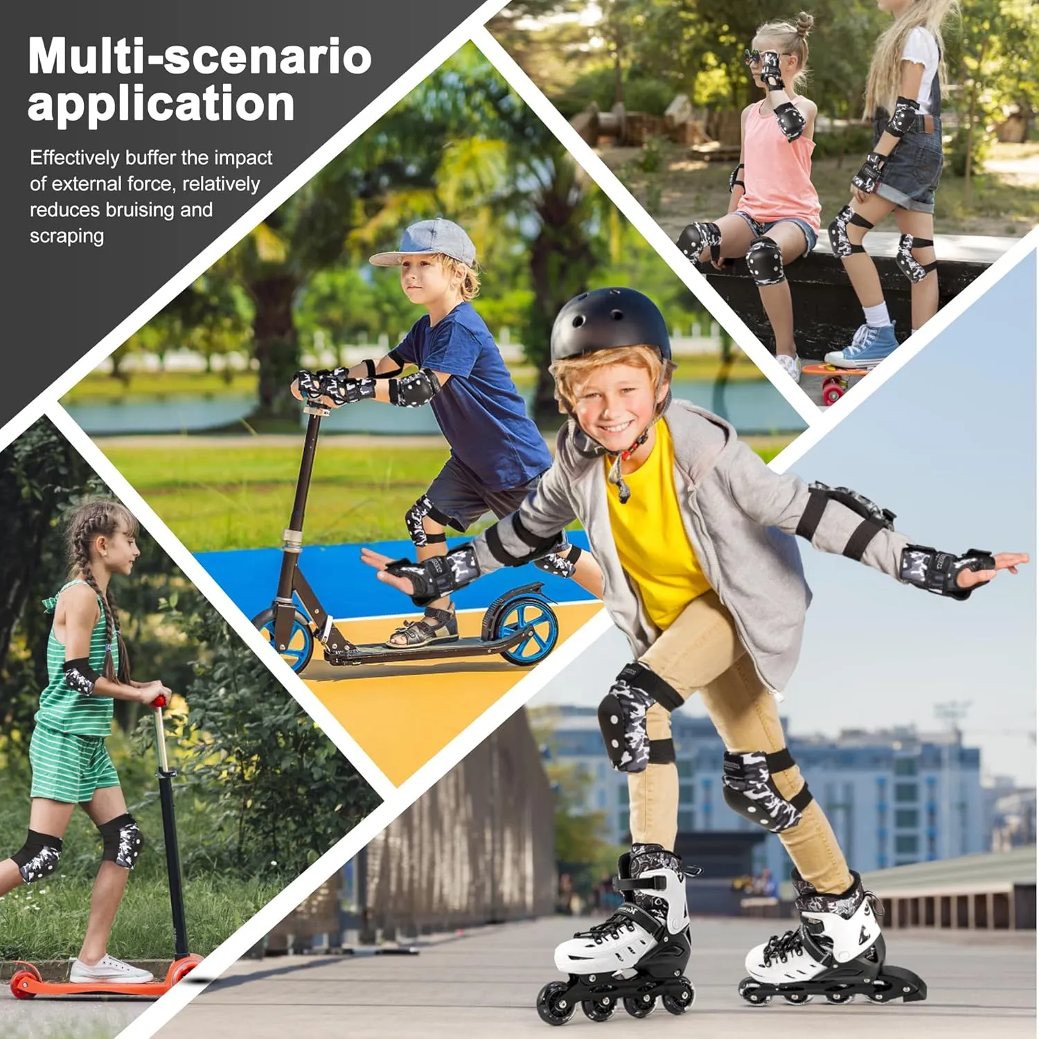 Kuxuan skates Knee Pads for Kids Youth Black Elbow Pads Wrist Guards for Girls Boys 7 in 1 Protective Gear Set with Gift Box in Skateboarding Biking Roller Skating Cycling Outdoor Sports
