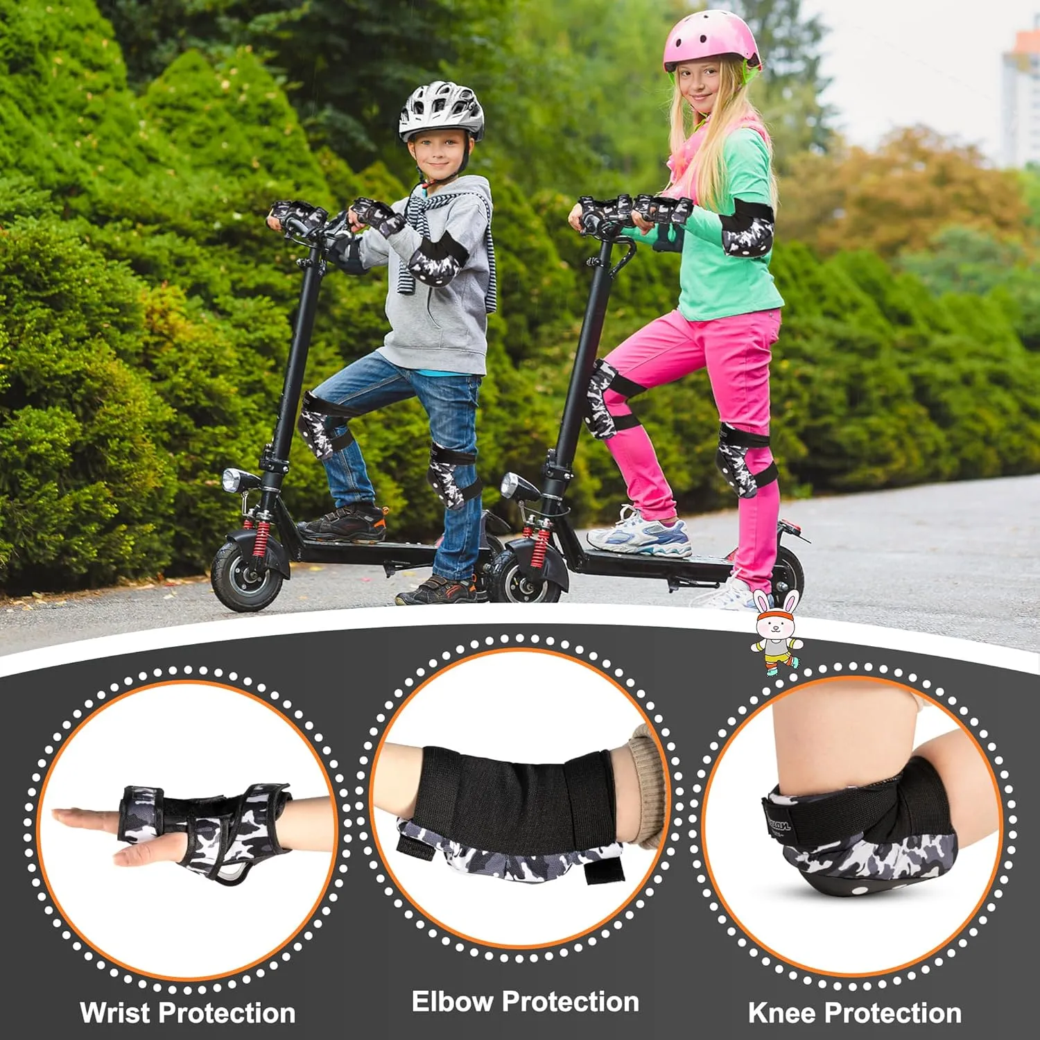 Kuxuan skates Knee Pads for Kids Youth Black Elbow Pads Wrist Guards for Girls Boys 7 in 1 Protective Gear Set with Gift Box in Skateboarding Biking Roller Skating Cycling Outdoor Sports