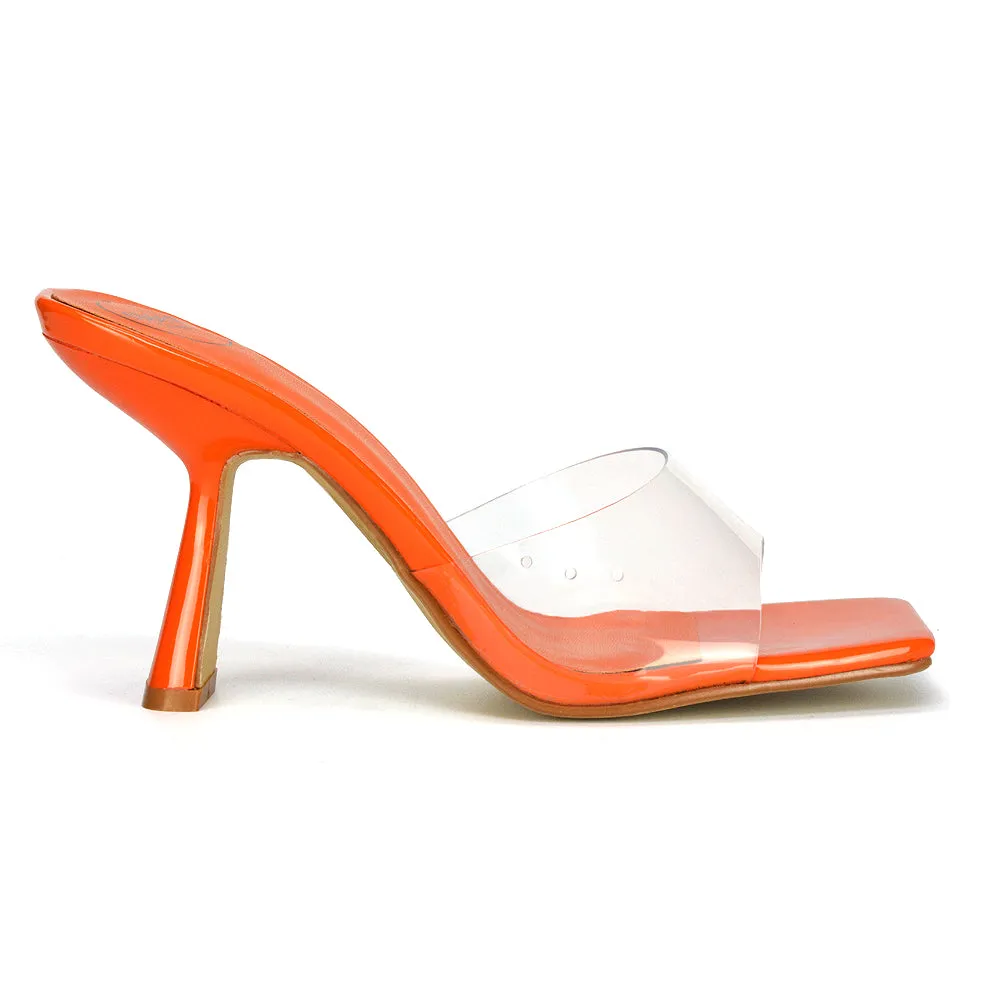 Lacie Square Toe Perspex Thin Block High Heel Mule Sandals in Pink Patent