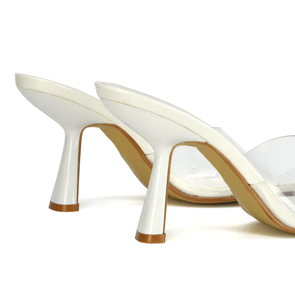 Lacie Square Toe Perspex Thin Block High Heel Mule Sandals in Pink Patent