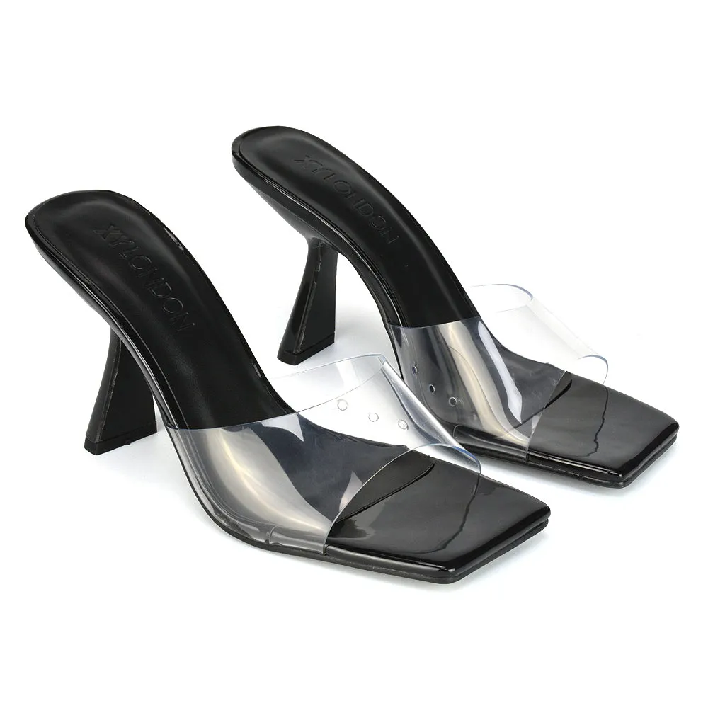 Lacie Square Toe Perspex Thin Block High Heel Mule Sandals in Pink Patent