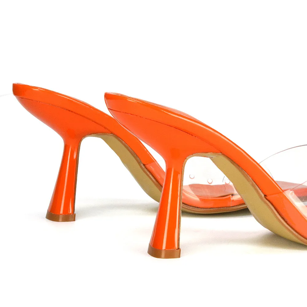 Lacie Square Toe Perspex Thin Block High Heel Mule Sandals in Pink Patent