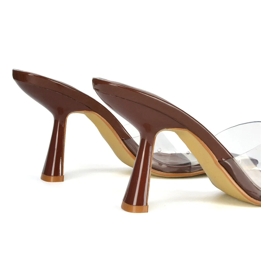 Lacie Square Toe Perspex Thin Block High Heel Mule Sandals in Pink Patent