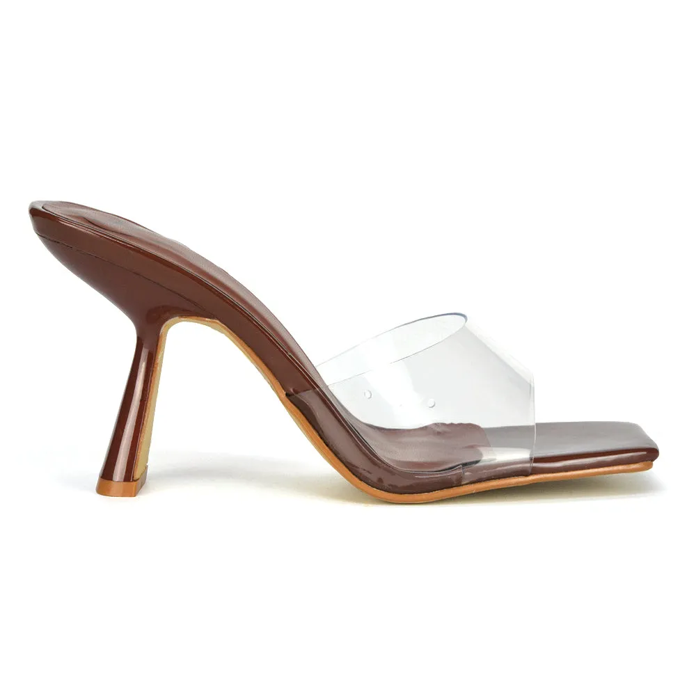 Lacie Square Toe Perspex Thin Block High Heel Mule Sandals in Pink Patent