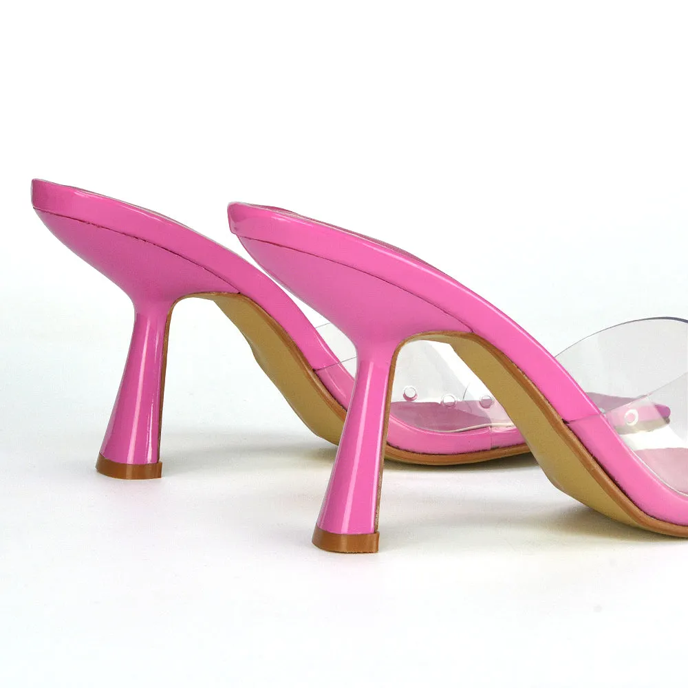 Lacie Square Toe Perspex Thin Block High Heel Mule Sandals in Pink Patent
