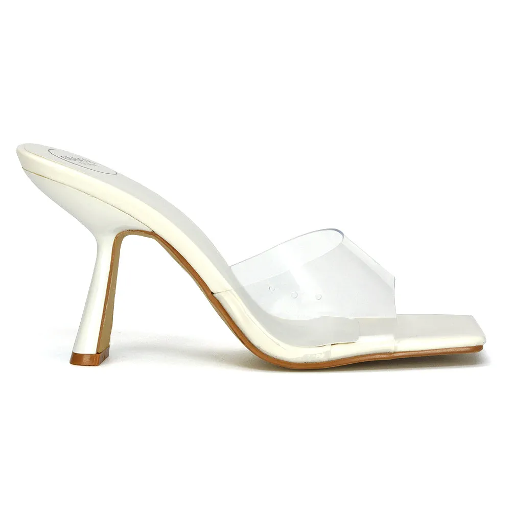 Lacie Square Toe Perspex Thin Block High Heel Mule Sandals in Pink Patent