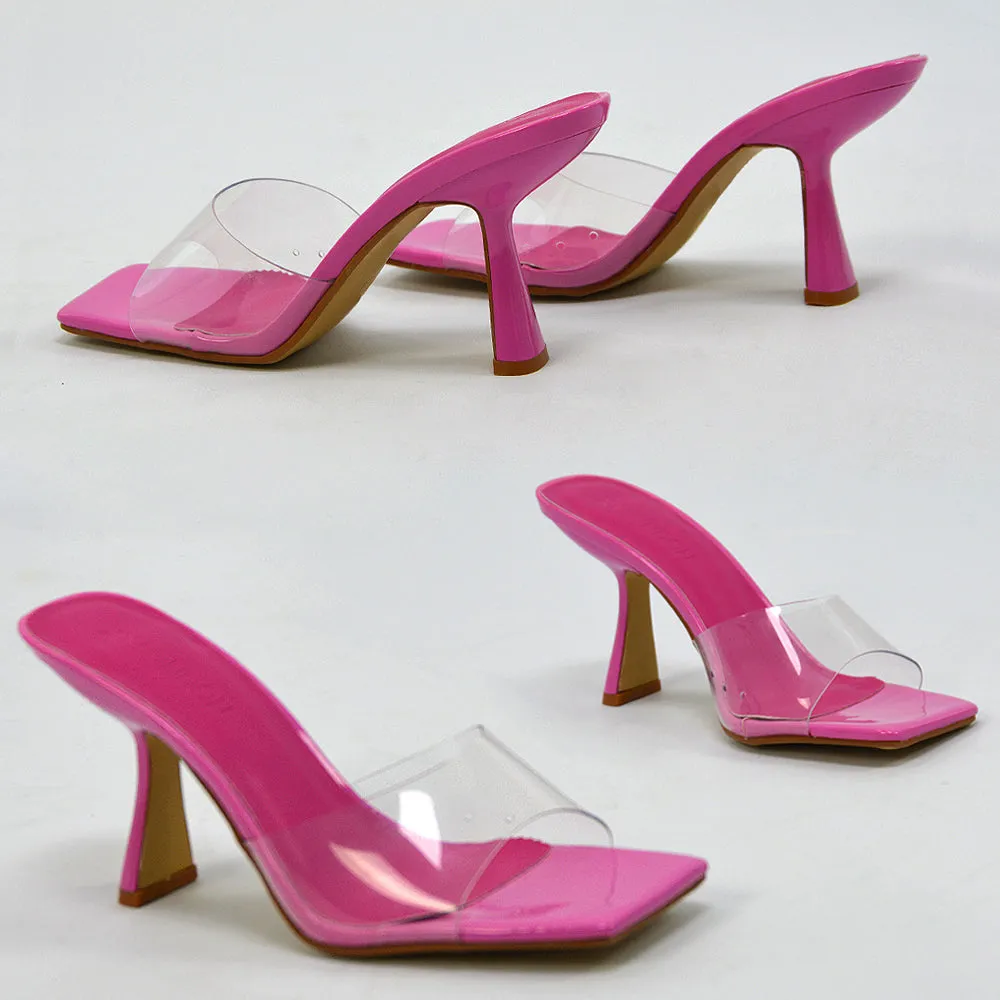 Lacie Square Toe Perspex Thin Block High Heel Mule Sandals in Pink Patent