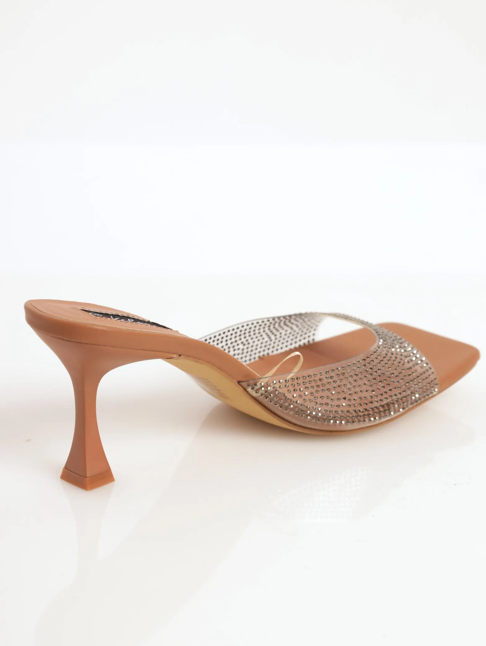Ladies Square-Toe Full Embellished Mule Kitten Heel - Oatmeal