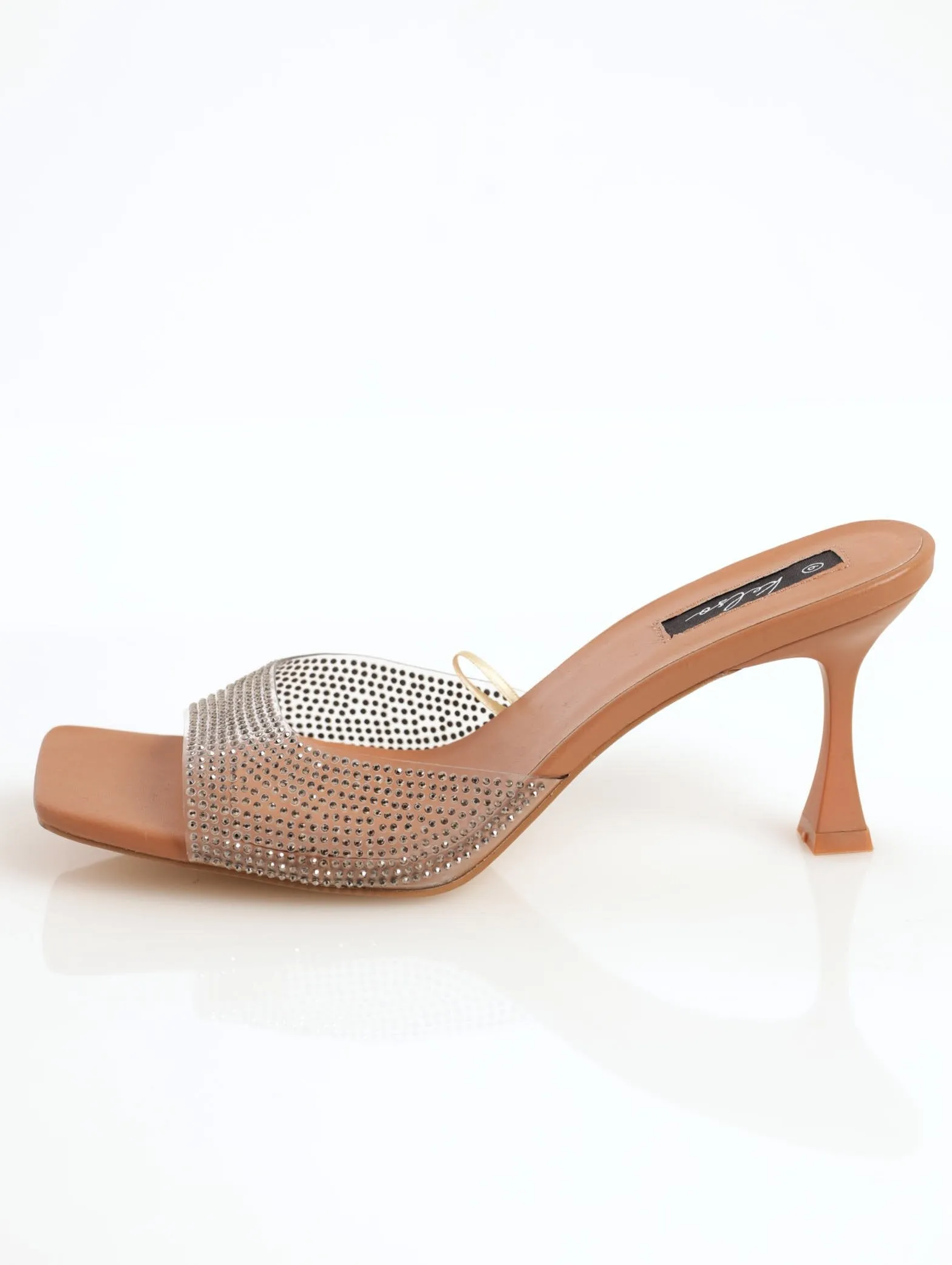Ladies Square-Toe Full Embellished Mule Kitten Heel - Oatmeal