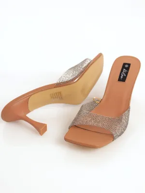 Ladies Square-Toe Full Embellished Mule Kitten Heel - Oatmeal