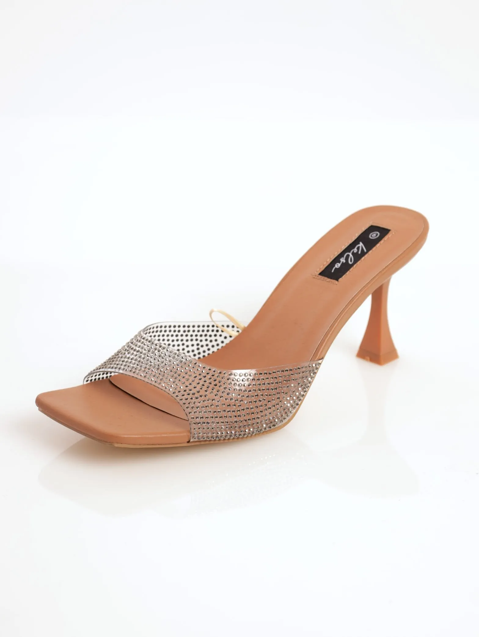 Ladies Square-Toe Full Embellished Mule Kitten Heel - Oatmeal