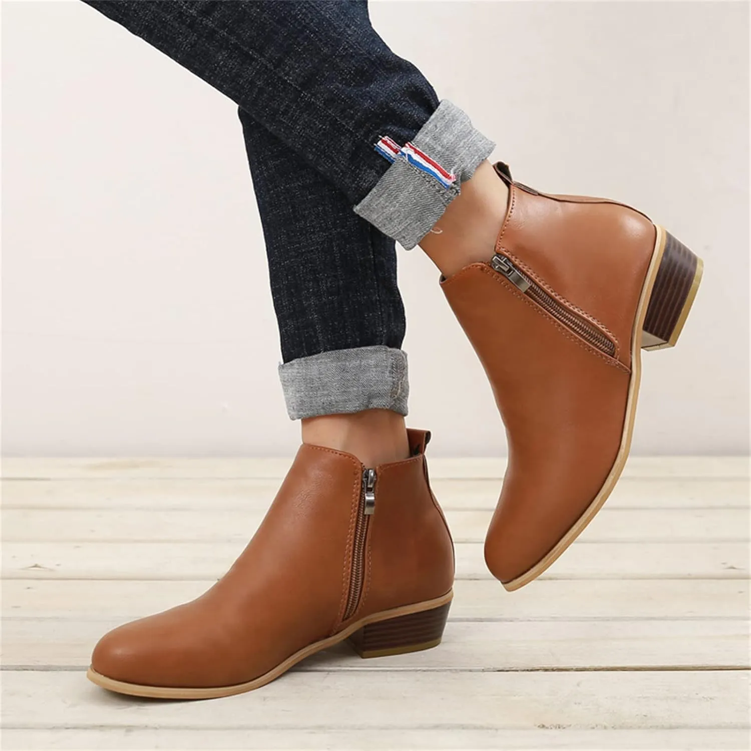 Ladmiple Ankle Boots For Women Low Heel Wide Width Chunky Block Heel Fall Winter Short Booties Cowboy Cowgirl Western Shoes