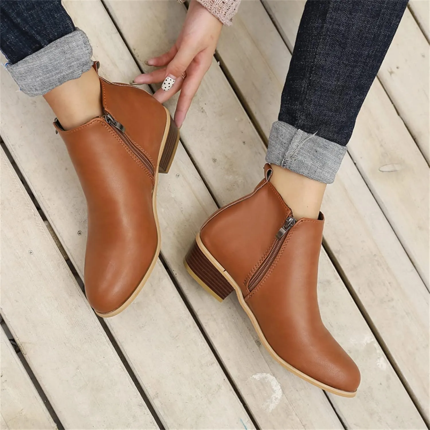 Ladmiple Ankle Boots For Women Low Heel Wide Width Chunky Block Heel Fall Winter Short Booties Cowboy Cowgirl Western Shoes