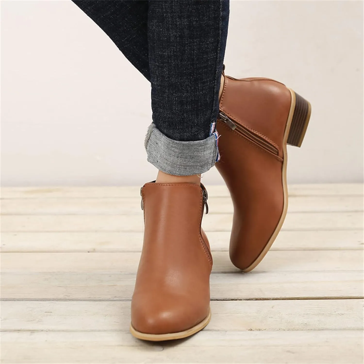 Ladmiple Ankle Boots For Women Low Heel Wide Width Chunky Block Heel Fall Winter Short Booties Cowboy Cowgirl Western Shoes
