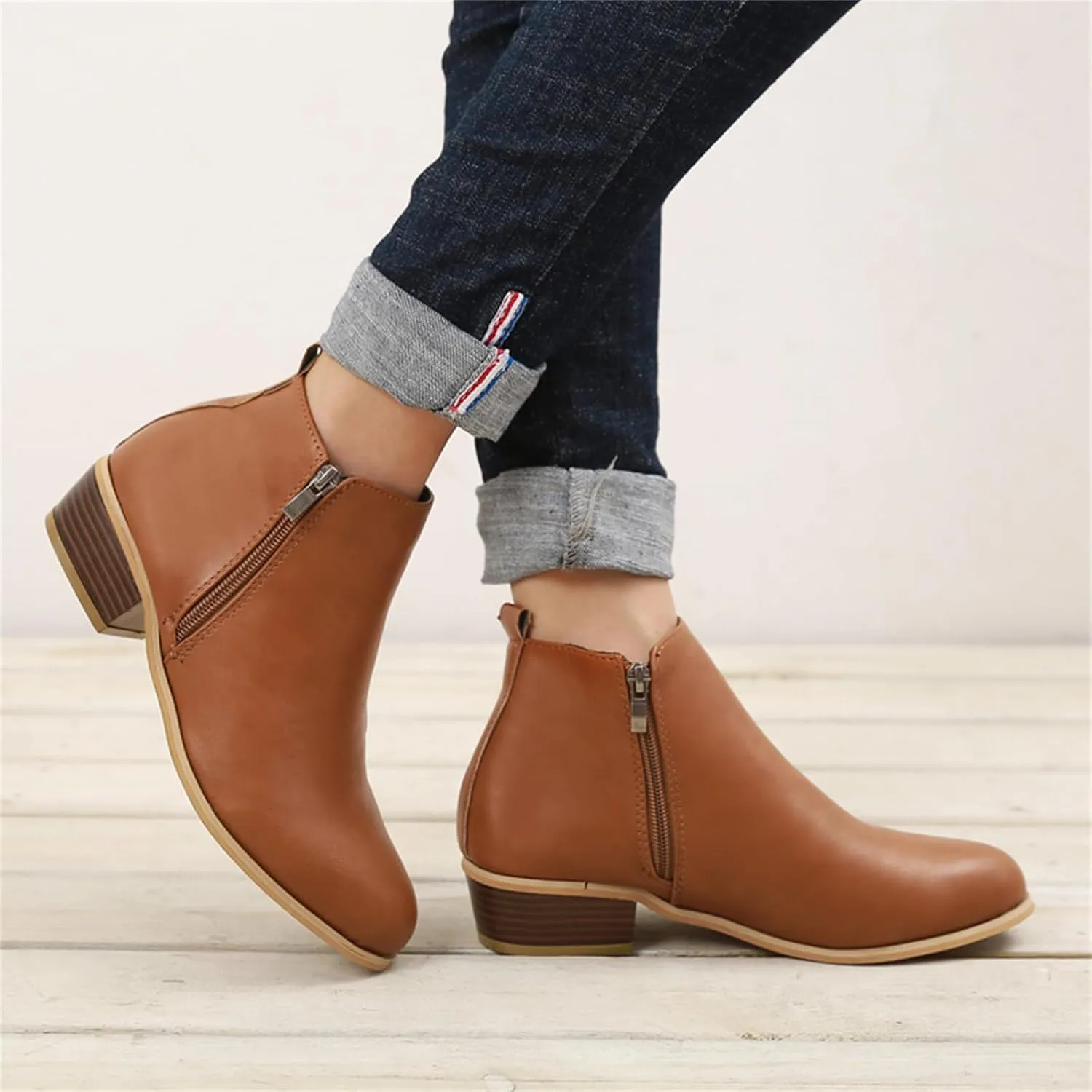 Ladmiple Ankle Boots For Women Low Heel Wide Width Chunky Block Heel Fall Winter Short Booties Cowboy Cowgirl Western Shoes