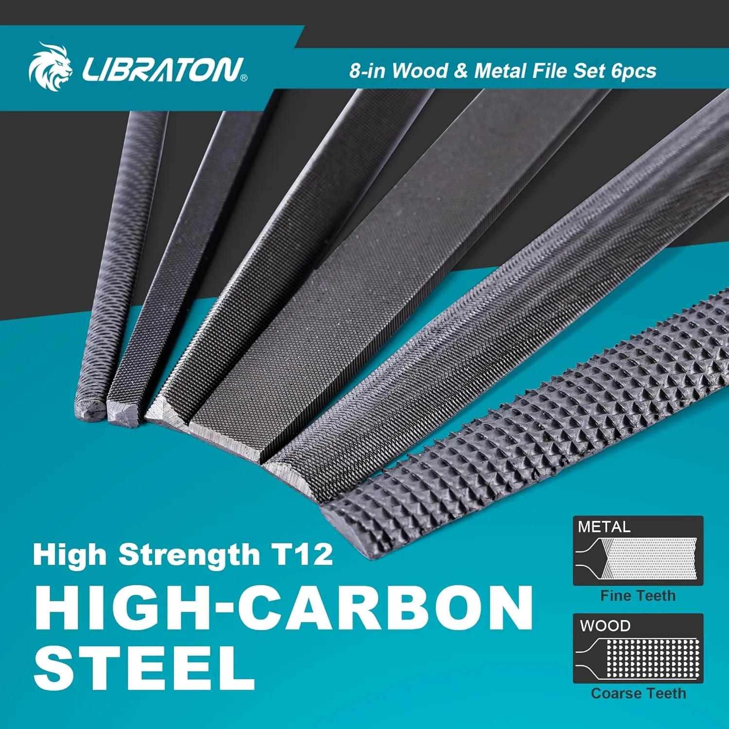 Libraton 6PCS Metal File Set, Metal Files, Metal Files for Steel, 5 Metal Rasp Files, 1 Wood File, 8" High-Carbon Steel Files with Rubber Handle, for Metalworking & Woodworking