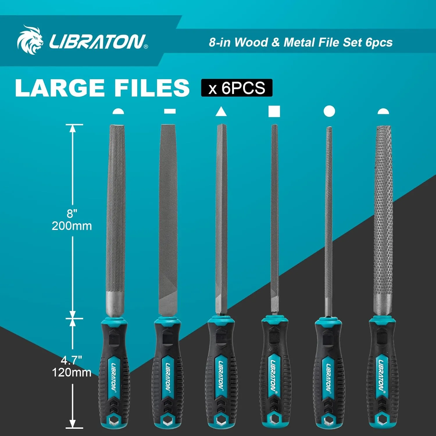 Libraton 6PCS Metal File Set, Metal Files, Metal Files for Steel, 5 Metal Rasp Files, 1 Wood File, 8" High-Carbon Steel Files with Rubber Handle, for Metalworking & Woodworking