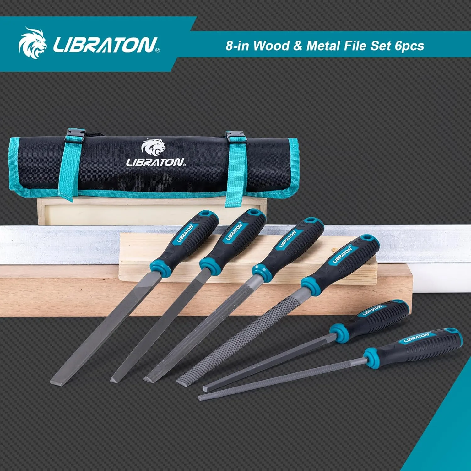 Libraton 6PCS Metal File Set, Metal Files, Metal Files for Steel, 5 Metal Rasp Files, 1 Wood File, 8" High-Carbon Steel Files with Rubber Handle, for Metalworking & Woodworking