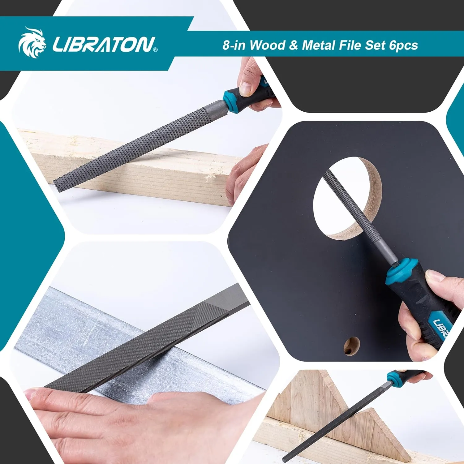 Libraton 6PCS Metal File Set, Metal Files, Metal Files for Steel, 5 Metal Rasp Files, 1 Wood File, 8" High-Carbon Steel Files with Rubber Handle, for Metalworking & Woodworking