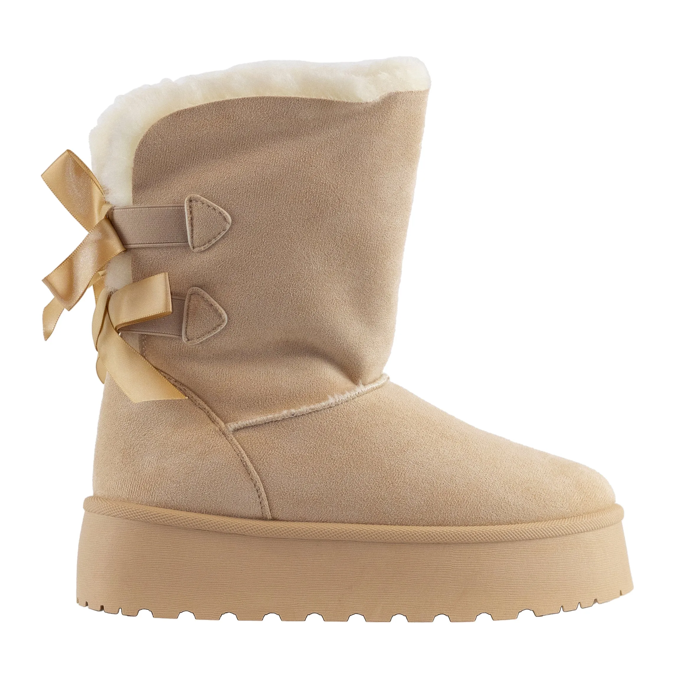 Liliana - Faux Fur Boots with Satin Bow, Flat Platform Design, Perfect for Adding a Feminine Touch to Winter Outfits
