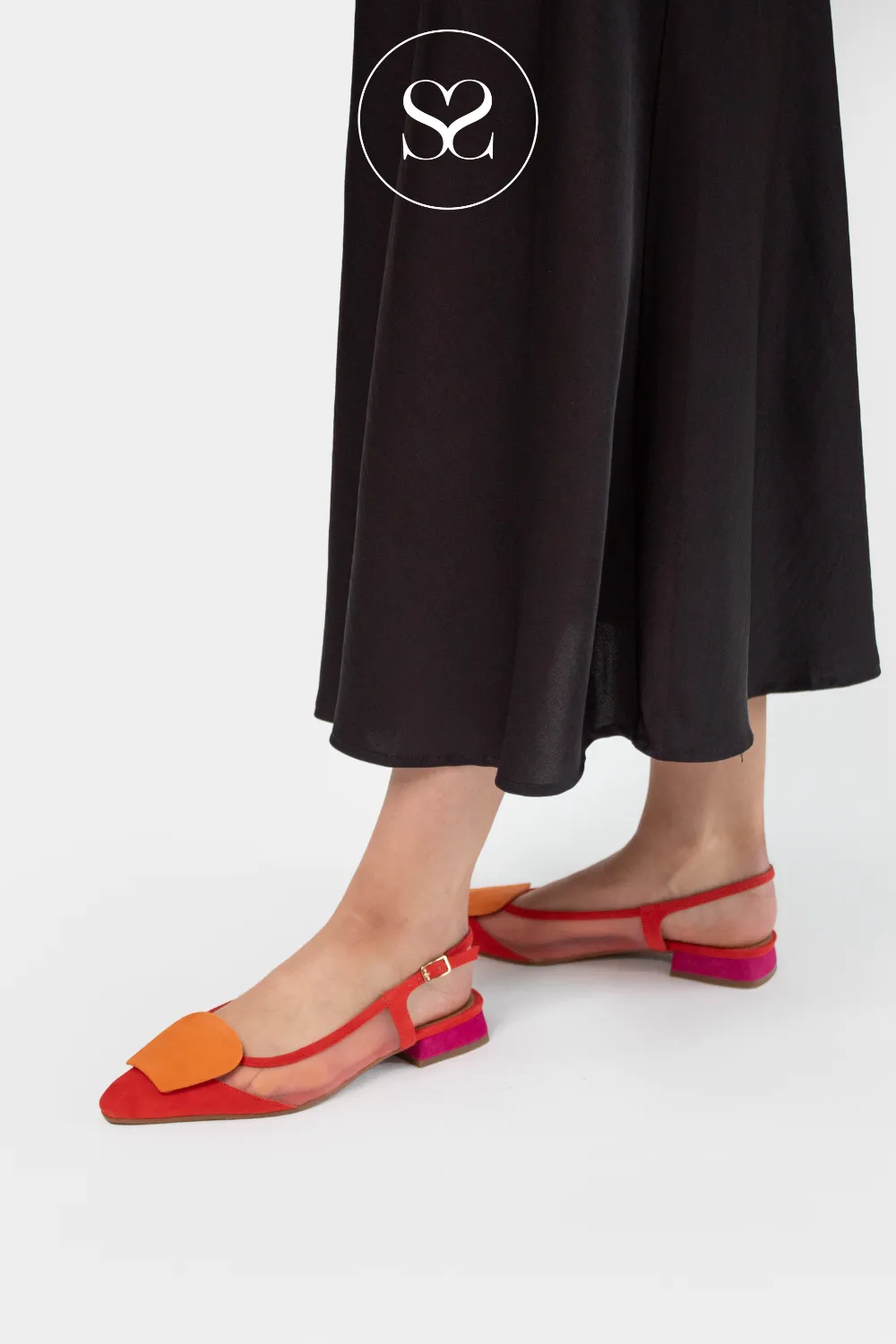 LODI BRO5264 RED SUEDE AND MESH FLAT POINTED TOE SLINGBACK