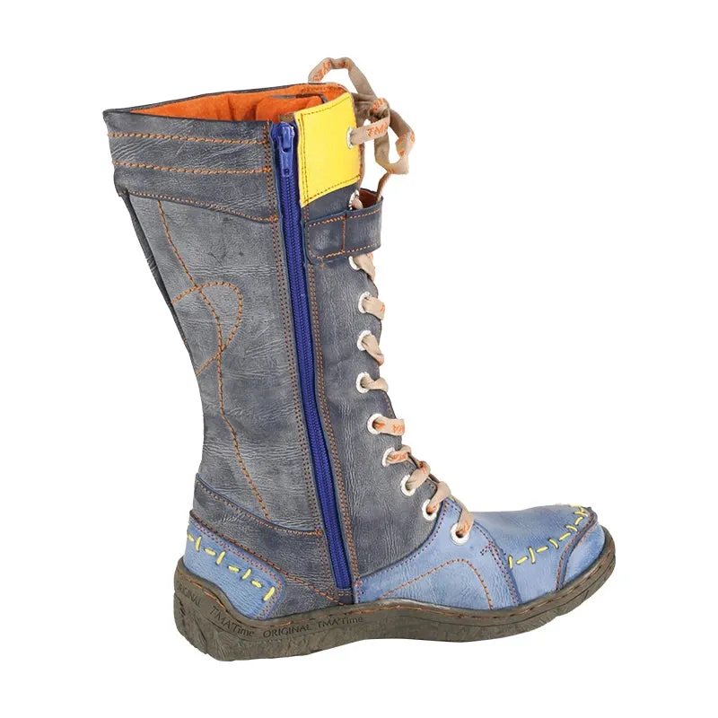 Long Warm Leather Womens Boots in Winter with Solid Colour Hand Stitching