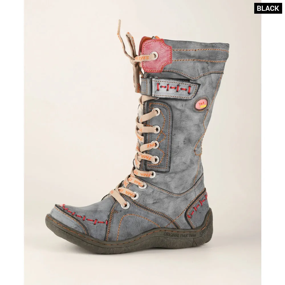 Long Warm Leather Womens Boots in Winter with Solid Colour Hand Stitching