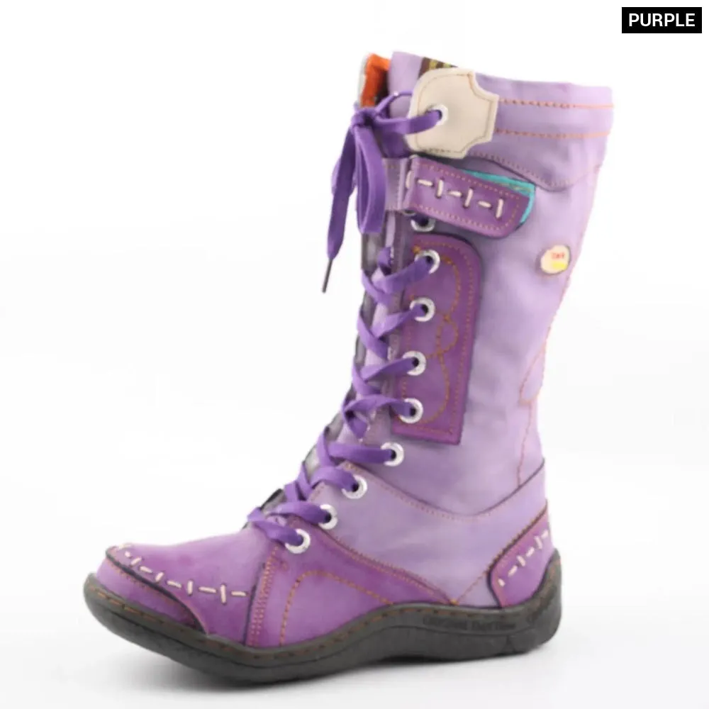 Long Warm Leather Womens Boots in Winter with Solid Colour Hand Stitching