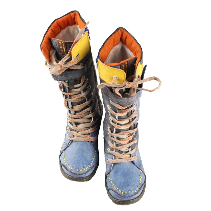 Long Warm Leather Womens Boots in Winter with Solid Colour Hand Stitching