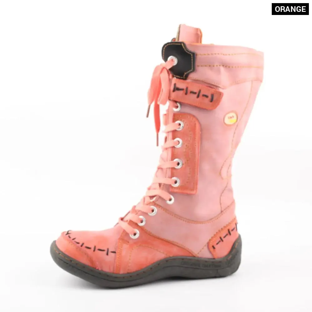 Long Warm Leather Womens Boots in Winter with Solid Colour Hand Stitching